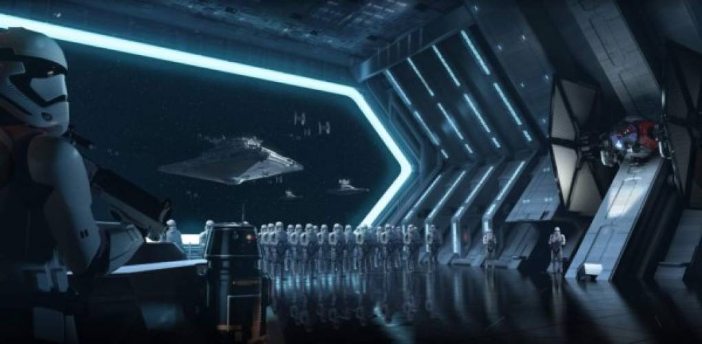 Un stormtrooper, a la fondo se observa un destructor estelar de la Primera Orden.
