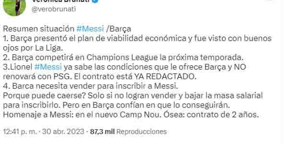La información que brindó Verónica Brunati mediante su cuenta oficial de Twitter respecto al futuro de Lionel Messi.