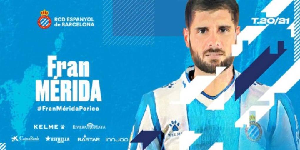Fran Merida es nuevo jugador del Espanyol. El futbolista español firma por dos temporadas más otra opcional. Llega libre al club catalán tras finalizar su contrato con el CA Osasuna. Estuvo en el equipo navarro desde 2016 cuando llegó del Huesca.