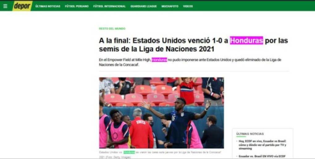 Los medios de Perú también se pronunciaron sobre el triunfo de EUA ante Honduras.