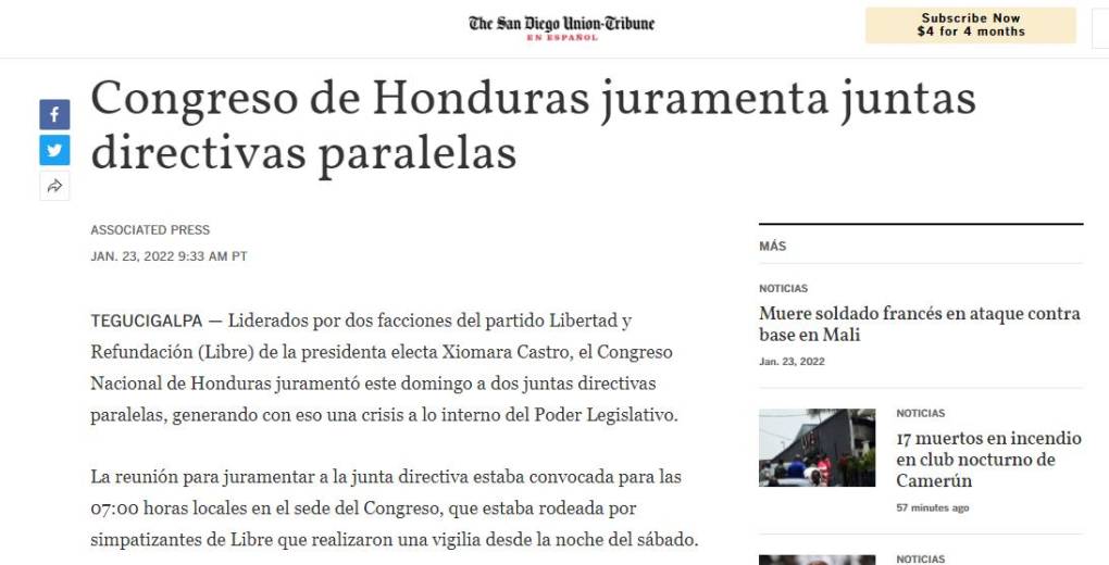 Medios internacionales resaltan elección de juntas directivas paralelas en el Congreso de Honduras
