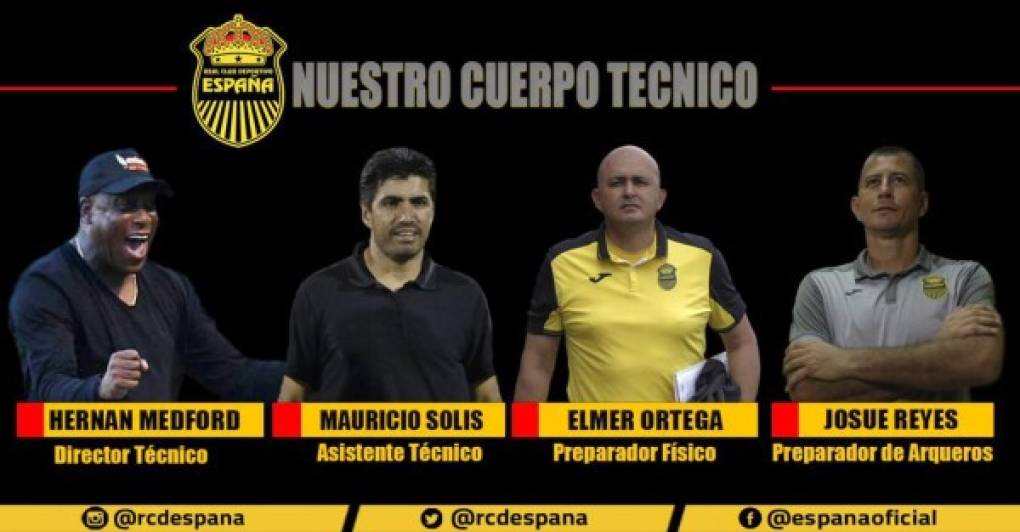 Tras confirmar a Hernán Medford como entrenador del Real España, en el club sampedrano han anunciado al cuerpo técnico que tendrá el costarricense. Al 'Pelícano lo acompañará como asistente el tico Mauricio Solís, el preparador físico será Elmer Ortega y Josué Reyes el preparador de porteros. Además, el equipo anunció que vendrá un asistente técnico hondureño.