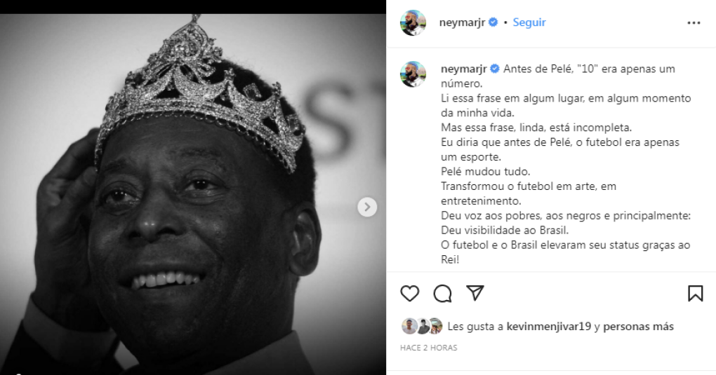 Neymar (Brasil): “Pelé lo cambió todo. Transformó el fútbol en arte, en entretenimiento. Le dio voz a los pobres y a los negros, y, principalmente, le dio visibilidad a Brasil”
