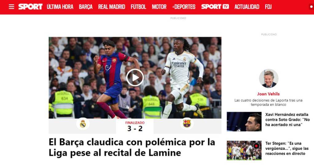 Diario Sport: “Barcelona claudica con polémica por la Liga pese al recital de Lamine”.