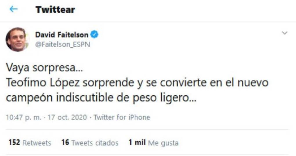 Luego de que dio como ganador a Lomachenko, Faitelson se mostró sorprendido dar el resultado final en donde los jueces dieron como ganador al hondureño Teófimo López.