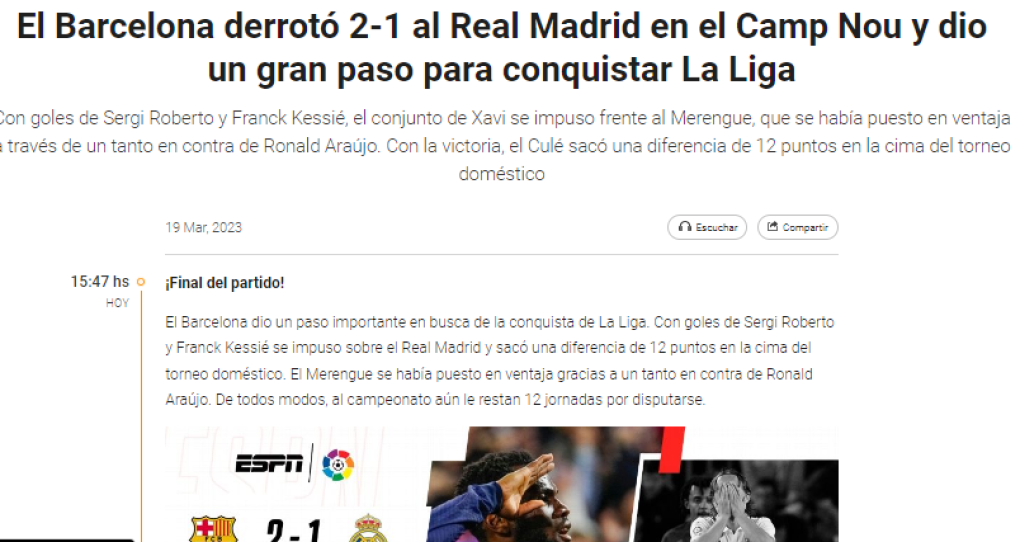 Infobae: “El Barcelona derrotó 2-1 al Real Madrid en el Camp Nou y dio un gran paso para conquistar La Liga”.
