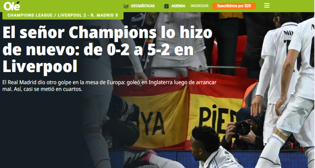 Diario Olé de Argentina: “El señor Champions lo hizo de nuevo: de 0-2 a 5-2 en Liverpool”.