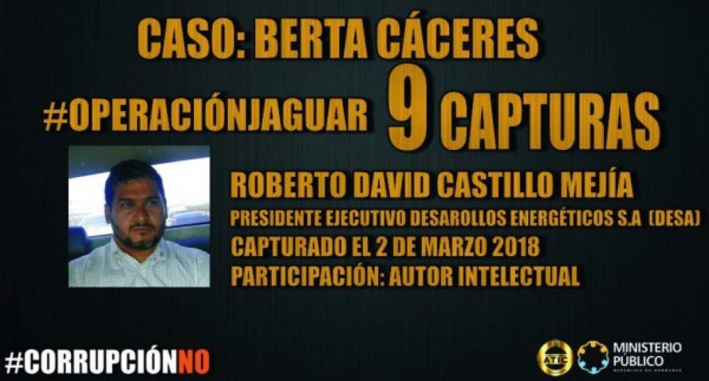 David Castillo Mejía, presidente ejecutivo de la empresa Desarrollos Energéticos S.A., fue capturado este día luego de ser señalado como presunto autor intelectual del asesinato de la líder indígena y ambientalista, Berta Cáceres, el 3 de marzo de 2016.