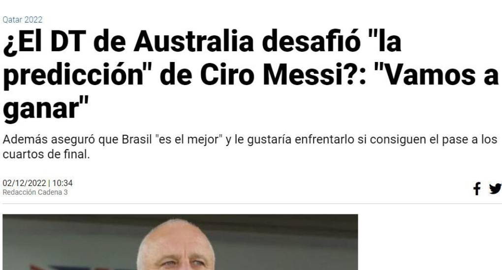 El entrenador de Australia confía en eliminar a Messi y compañía y así informa Cadena 3 sobre la segunda predicción de los hijos de Messi.
