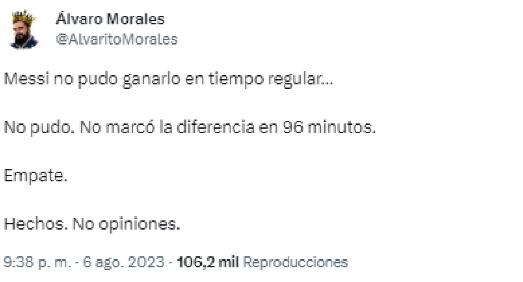 Por su parte, Álvaro Morales, conocido por ser anti-Messi expresó e n sus redes sociales: “Messi no pudo ganarlo en tiempo regular...No pudo. No marcó la diferencia en 96 minutos.Empate. Hechos. No opiniones”.