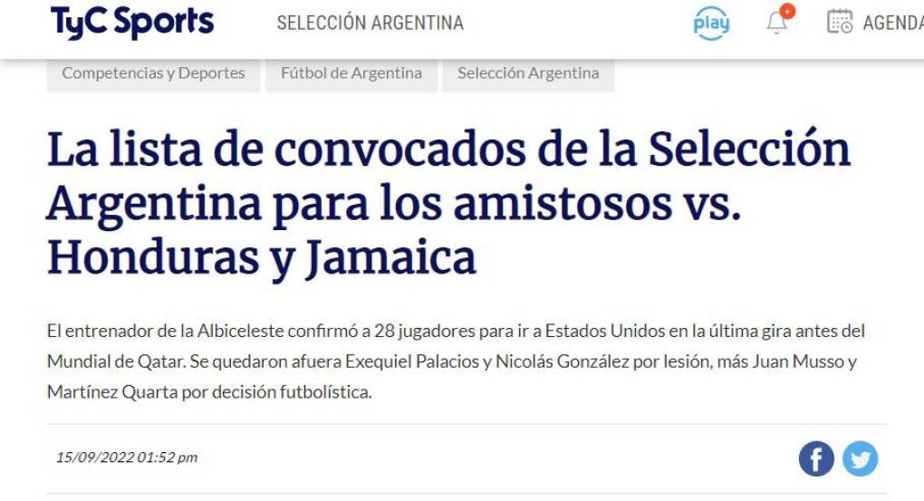 TyC Sports señaló que se quedaron afuera Exequiel Palacios y Nicolás Gonzáles por lesión, además de Juan Musso y Martínez Quarta por decisión técnica.