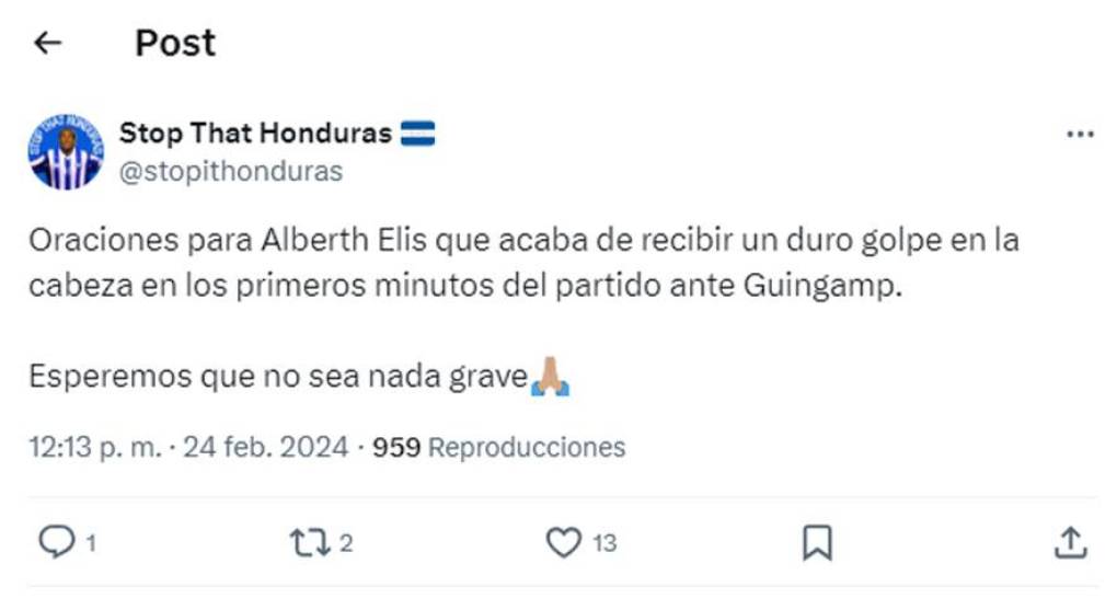En las redes sociales pidieron oración por Alberth Elis al ver el golpe sufrido por el hondureño.