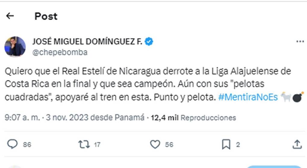 ‘Chepe Bomba’ escribió otro mensaje para desear suerte al Real Estelí y deseando que gane la final ante Alajuelense de Costa Rica. “Aún con sus ‘pelotas cuadradas’, apoyaré al tren en esta”.