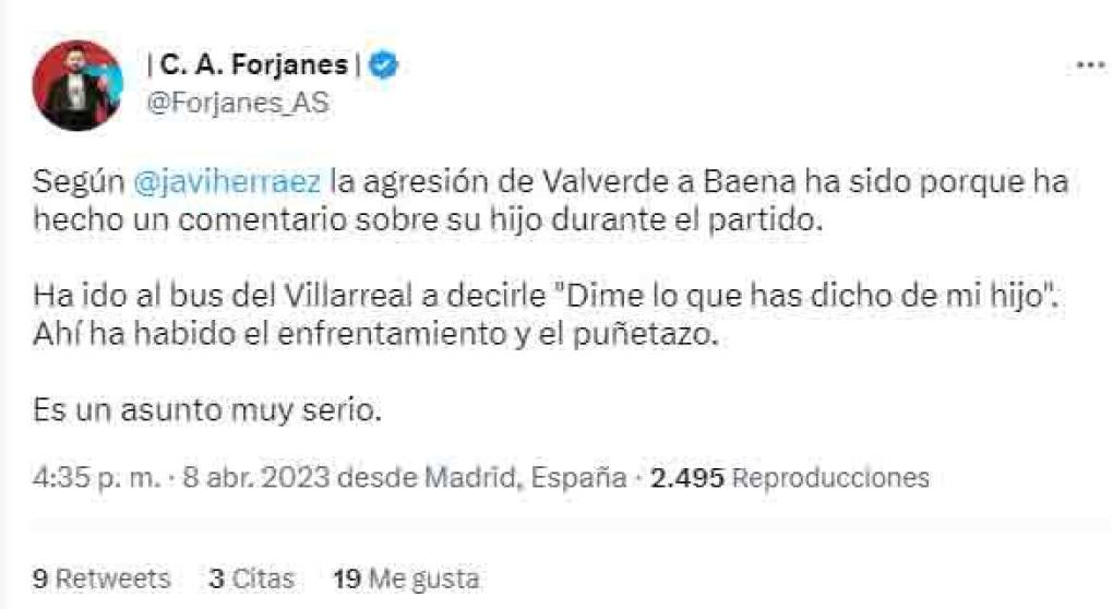 La versión de Valverde, contada por Javier Herráez en <i>Carrusel Deportivo, </i>asegura que Baena mentó a su hijo tanto sobre el mismo césped como en la misma zona de autobuses. <b>“Dime ahora lo que me has dicho sobre mi hijo en el campo”, </b>le espetó<b> </b>el uruguayo al futbolista del Villarreal.
