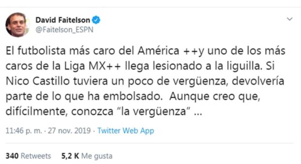 La pelea empezó con este mensaje de David Faitelson, quien colgó un tuit donde pidió que el chileno Nico Castillo devuelva parte del dinero que ha cobrado a las Águilas del América ya que está lesionado.