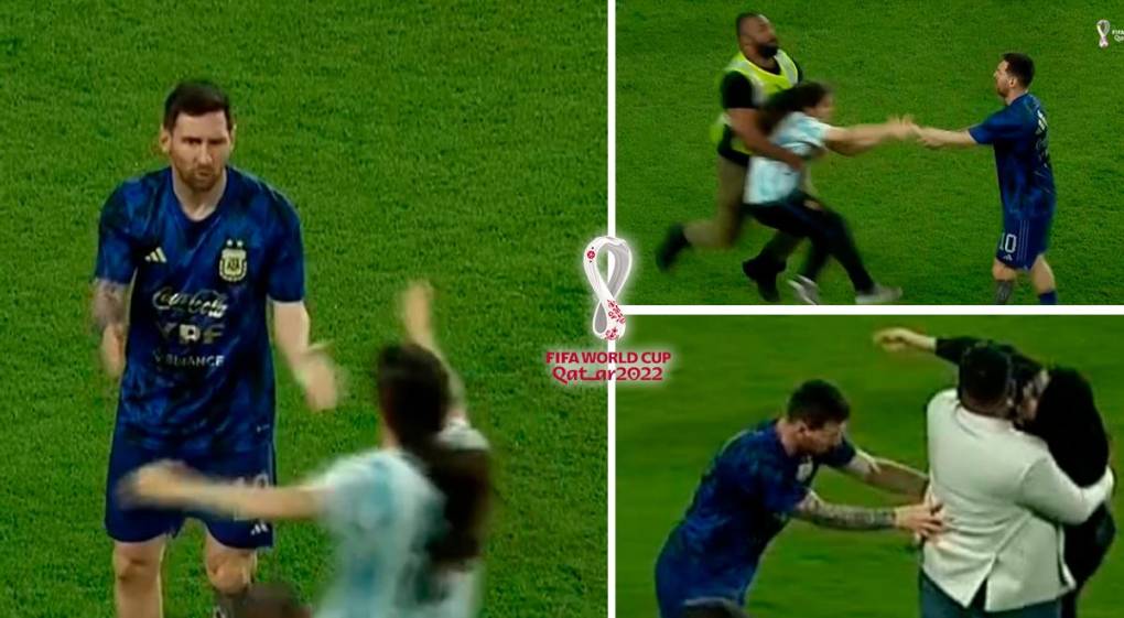 Dos mujeres invadieron el campo para abrazar a Messi, pero fueron bloqueadas por miembros de seguridad del estadio.