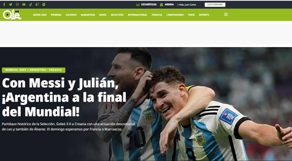 Diario Olé - “Con Messi y Julián, ¡Argentina a la final del Mundial!”.