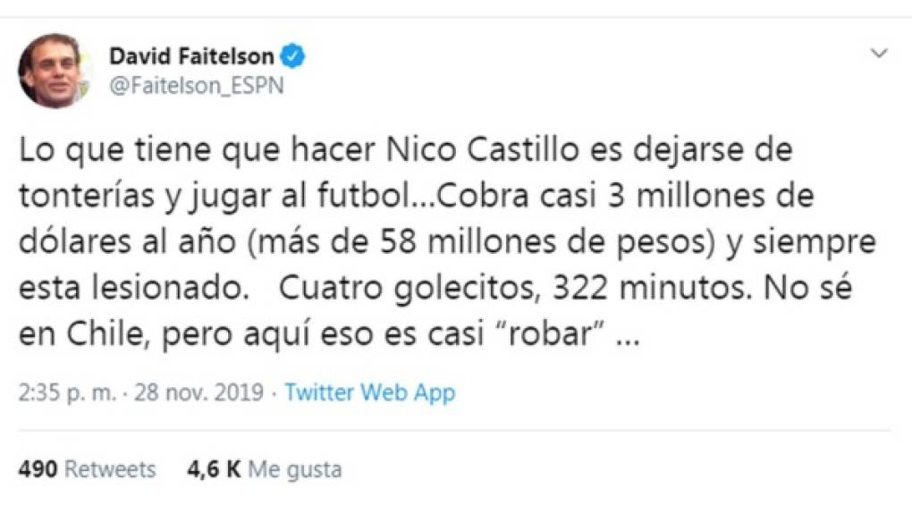 Por su parte, Faitelson no se detuvo y expuso que el chileno debería dedicarse a jugar. “Cobra casi 3 millones de dólares al año (más de 58 millones de pesos) y siempre está lesionado. Cuatro golecitos, 322 minutos. No sé en Chile, peri aquí eso es casi ‘robar’”.