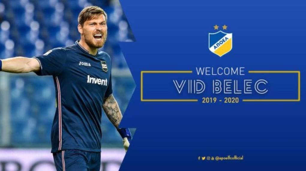 El APOEL obtiene la cesión del guardameta esloveno Vid Belec por una temporada con opción a compra. Llega procedente de la Sampdoria.<br/>