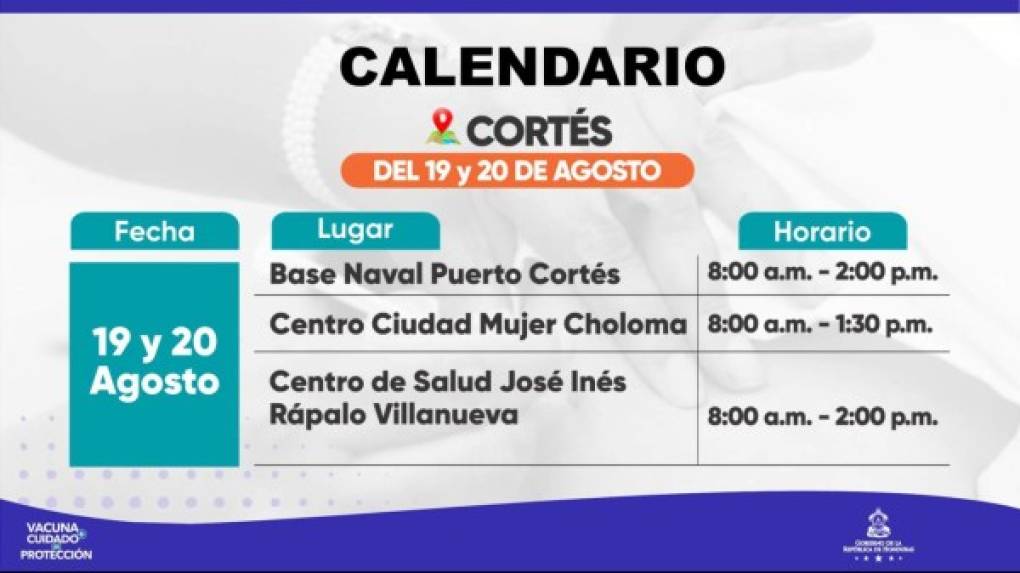 En Puerto Cortés se han habilitado tres puntos. La fecha de segunda aplicación debe coincidir con la primera dosis. Es decir, si una persona fue vacunada en Puerto Cortés el 19 de mayo, le corresponde ser inmunizado el 19 de agosto.