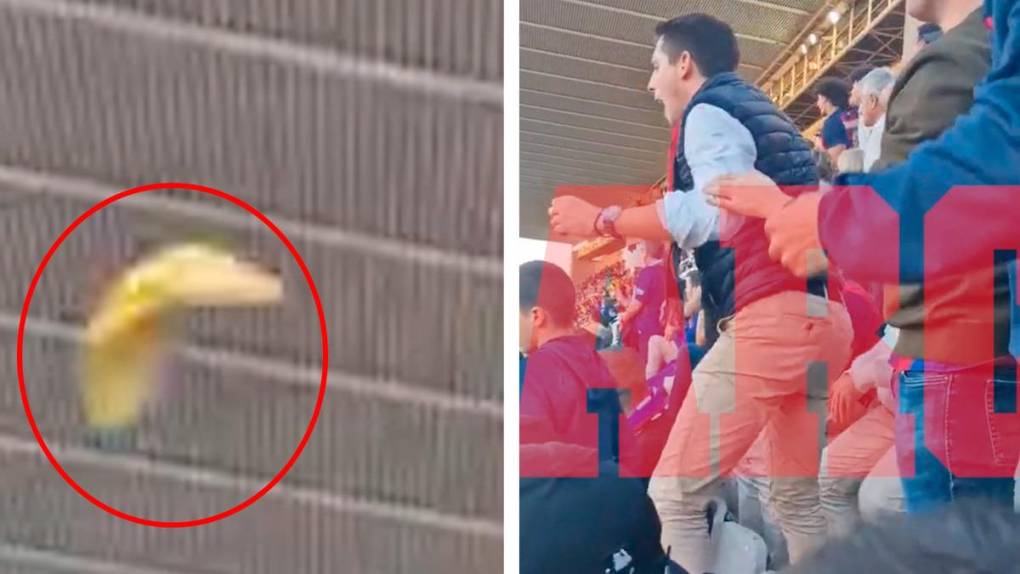 Desde ese mismo sector del estadio Olímpico de Montjuïc también le tiraron a Vinicius un objeto que parece una cáscara de plátano.