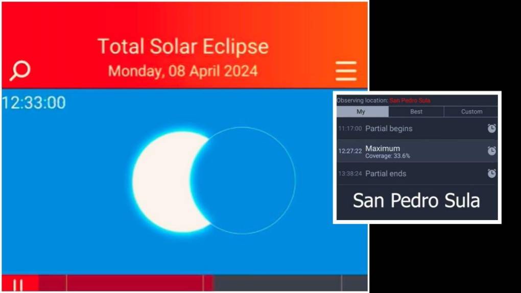 En San Pedro Sula así se verá a las 12:30 del mediodía de este lunes el eclipse parcial de sol. El sol será cubierto casi a la mitad por la luna. <b>RECUERDE</b>: no vea directamente al sol. Utilice gafas especiales para no dañar las retinas de sus ojos. 