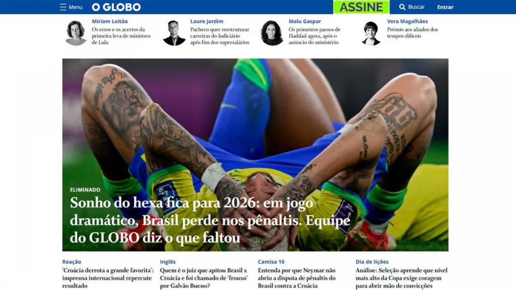 El periódico O Globo afirmaba que el sueño de la sexta estrella “queda para 2026” y calificó el partido contra Croacia de “dramático”. 