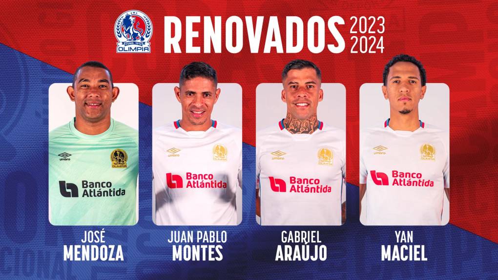 Estos son los cuatro futbolistas renovados que anunció Olimpia: José Mendoza, Juan Pablo Montes, Gabriel Araújo y Yan Maciel.