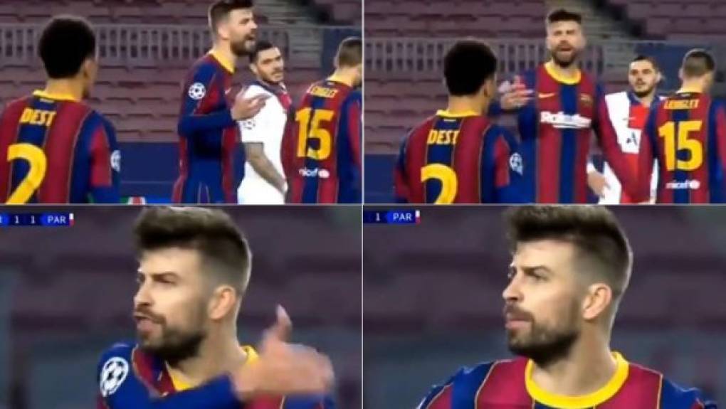 Piqué, gritando: '¡Una p... posesión larga, joder! ¡Me cago en la p...! ¡Vamos! ¡Una puta posesión larga!'<br/><br/>Griezmann: 'Tranquilo, Geri, ya, deja de gritar'.<br/><br/>Piqué: 'Joder Grizzi, me cago en la p...'.<br/><br/>Griezmann: 'La concha de tu madre'.<br/><br/>Piqué: 'No, la concha de tu madre, tú. Estamos sufriendo y llevamos cinco minutos así'.<br/><br/>Griezmann: 'No grites'.<br/><br/>Piqué: 'La p... madre, estamos corriendo como locos'.<br/><br/>Griezmann: 'Y yo también corro'.