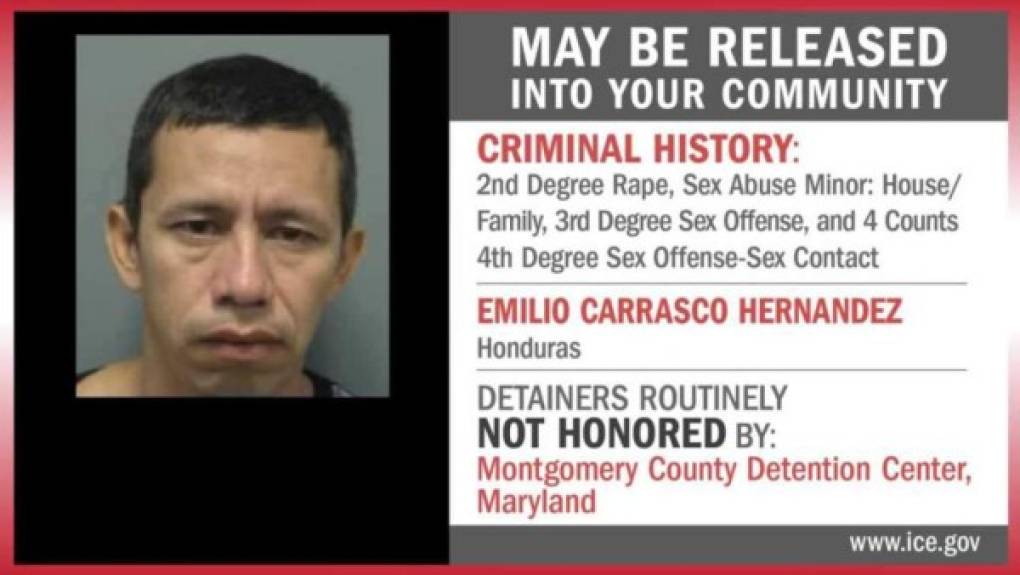 Emilio Carrasco Hernández: Es acusado de violación en segundo grado, abuso sexual contra un menor, ofensa sexual en tercer grado y cuatro cargos en cuarto grado de actos de lujuria. La orden de captura fue girada por el condado de Montgomery, también en Maryland.