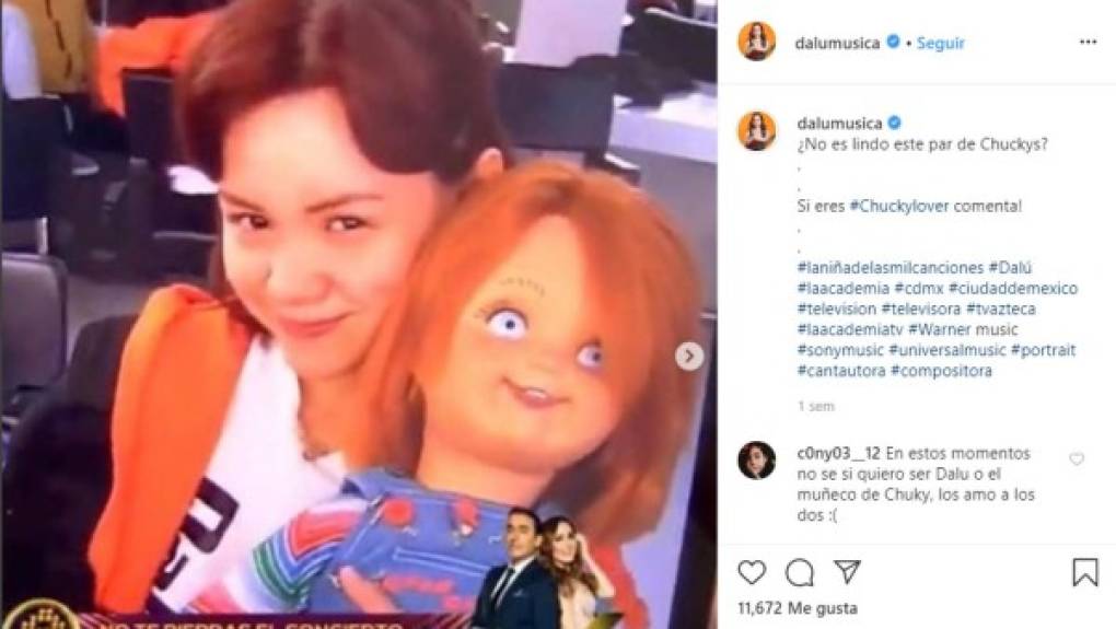 Dalú tomó con humor cuando fue comparada con el muñeco diabolico 'Chucky'. '¿No es lindo este par de Chuckys?', escribió en un posteo.