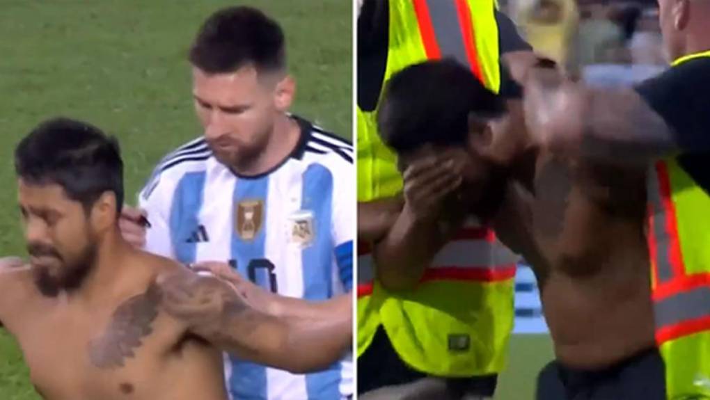 El aficionado fue sacado del campo y se le vio muy emocionado por el momento que vivió con Messi.