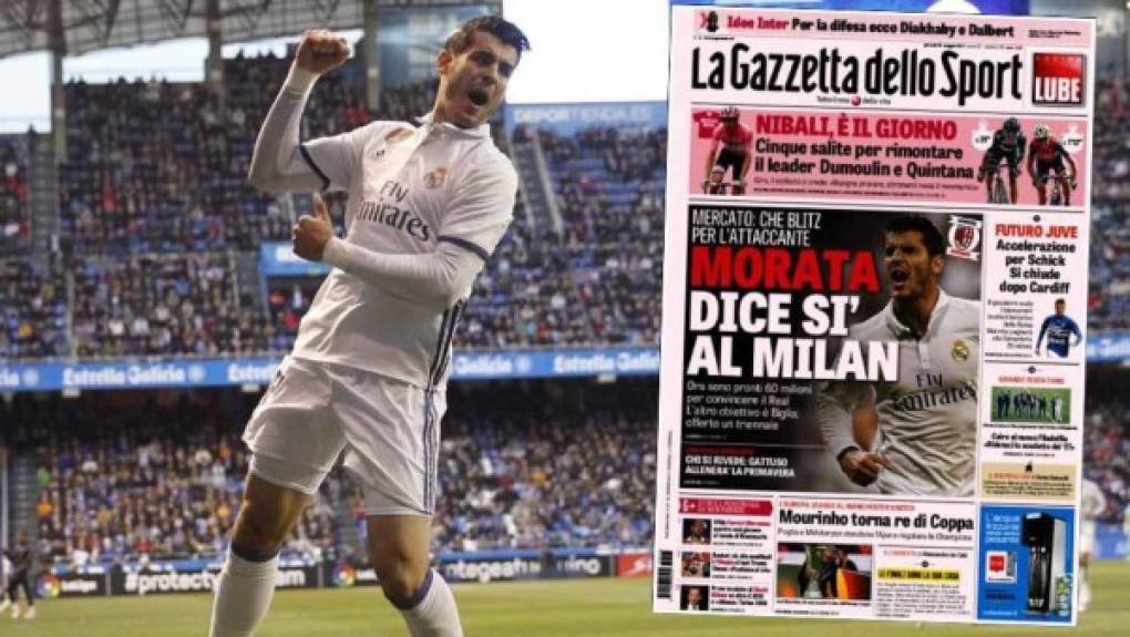 La Gazzetta dello Sport asegura en su portada de este jueves que el Milan ya tiene el 'sí' del delantero del Real Madrid, Álvaro Morata. El sueldo del atacante sería de 7,5 millones de euros netos al año y el precio de la operación, según este medio, podría estar en torno a los 60 kilos.