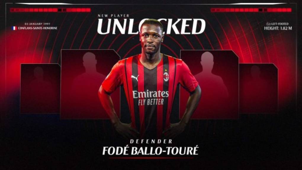 El AC Milan anunció el fichaje del lateral Fodé Ballo-Touré, jugador que llega procedente del AS Monaco. El defensa ha firmado contrato con el club rossoneri hasta el 30 de junio de 2025 y, de acuerdo con el comunicado del equipo italiano, llevará la camiseta con el dorsal número 5. Foto Twitter AC Milan.