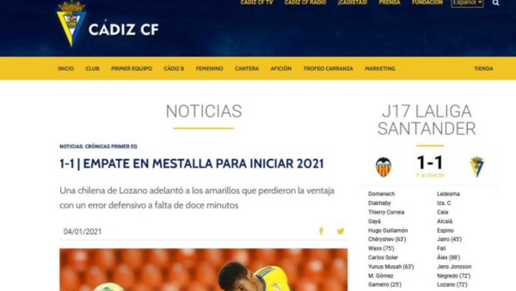 En su página web, el Cádiz destacó la chilena del Choco Lozano.