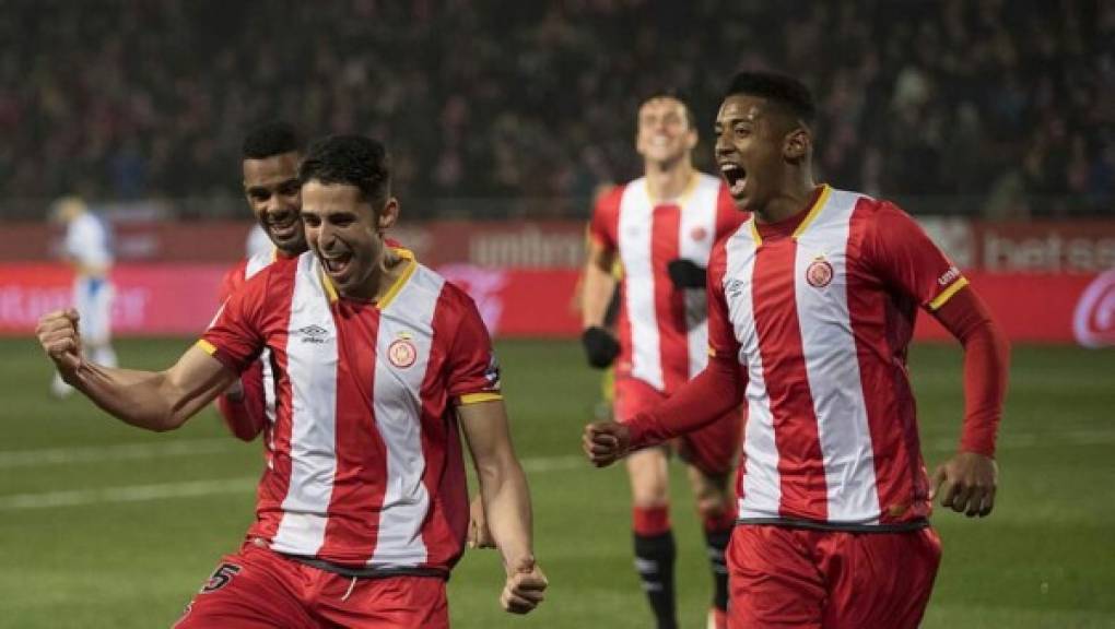 Antony 'Choco' Lozano celebrando junto a Juanpe Ramírez, anotador del tercer gol del Girona ante Leganés.