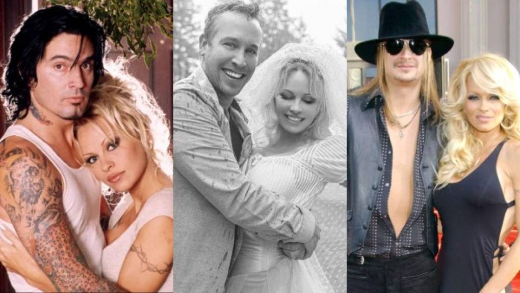 La actriz y modelo canadiense Pamela Anderson (53) reveló que se casó con su guardaespaldas en la pasada víspera de Navidad. La estrella de “Baywatch” contrajo matrimonio con Dan Hayhurst, (centro), quien es 13 años menor que ella. Pero esta no es la única vez que la explosiva rubia ha decidido pasar por el altar.