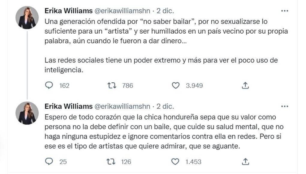 La periodista deportiva Erika Williams salió en defensa de la joven que ha sido criticada en redes sociales, y este fue el contundente mensaje que compartió en Twitter. 