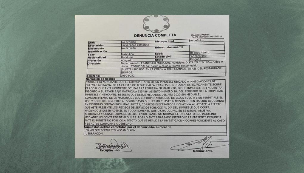 Denuncia contra David Chávez en el Ministerio Público.