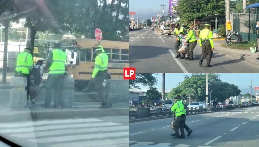 Policías Municipales de San Pedro Sula fueron captados esta mañana del jueves mientras ayudaban a cruzar el bulevar del Norte a una persona con discapacidad.