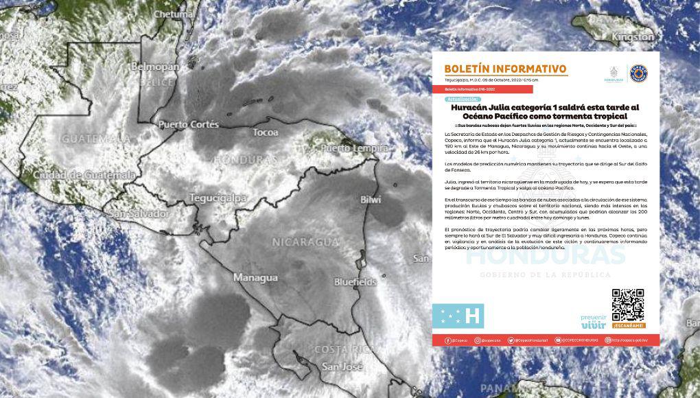Julia se degradará a tormenta tropical esta tarde, pero las lluvias seguirán en Honduras