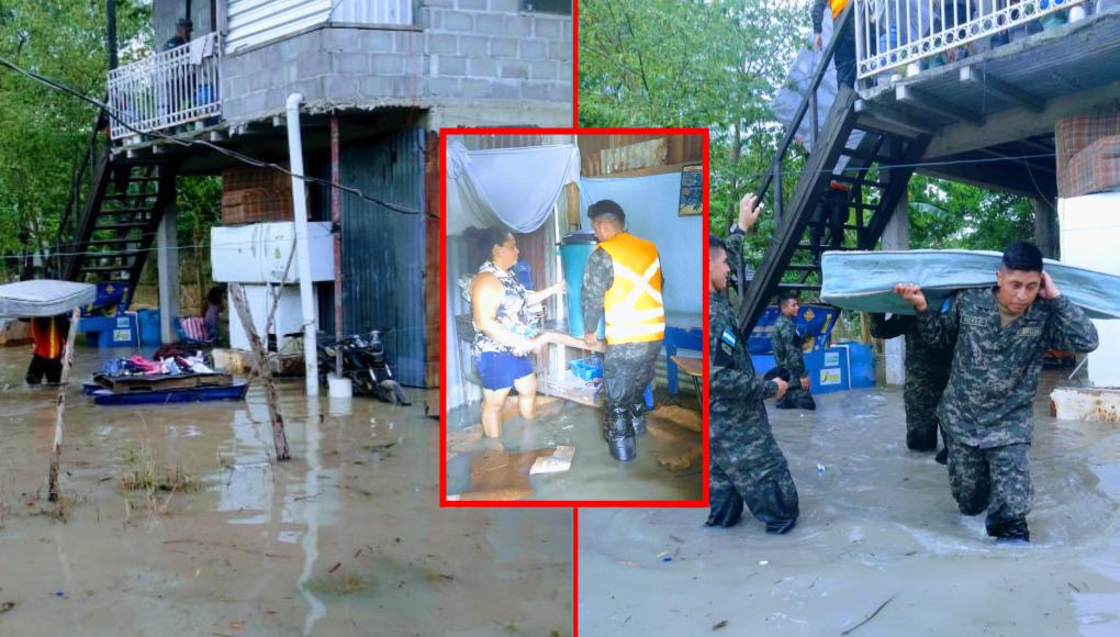 Personal Militar del Tercer Batallón de Infantería realizan la instalación de tiendas de campaña y apoyan con la evacuación de ciudadanos afectados por inundación en el Barrio Sinaí del Municipio de Potrerillos, Cortés.