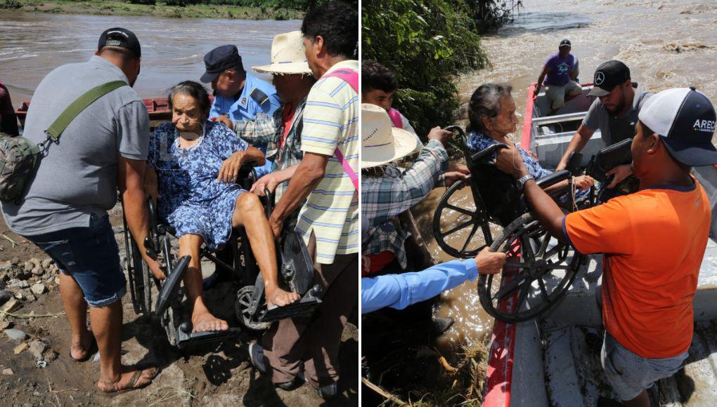 Hondureña de 91 años y en silla de ruedas cruza río a bordo de lancha para volver del hospital