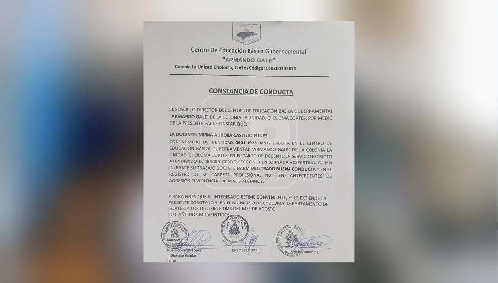 Constancia de conducta de la docente.