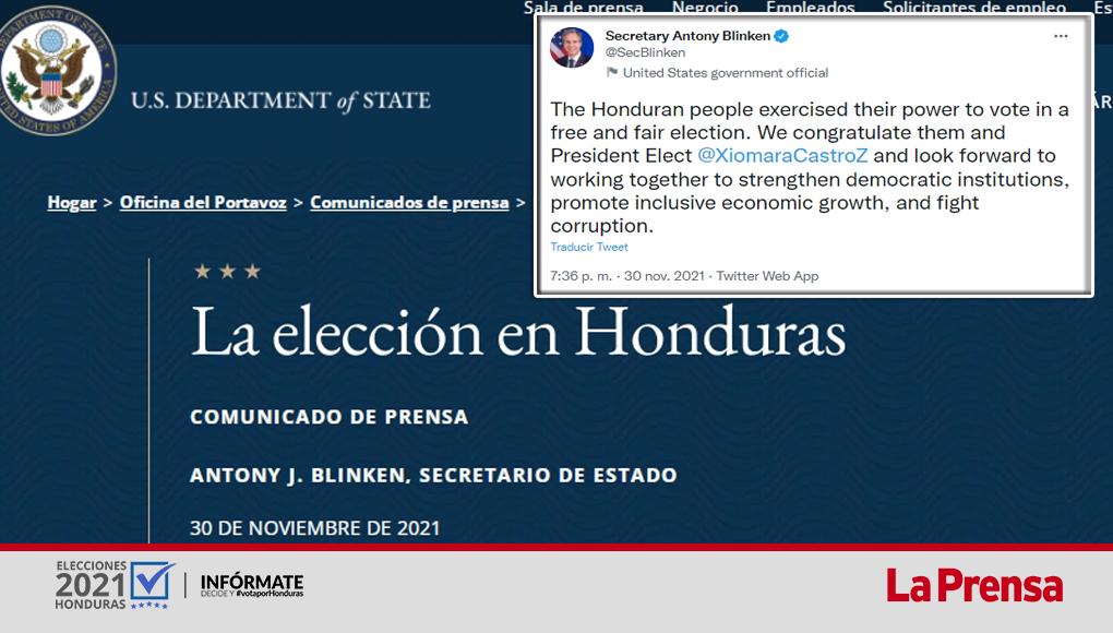 Estados Unidos felicita a Xiomara Castro por su victoria en las elecciones presidenciales