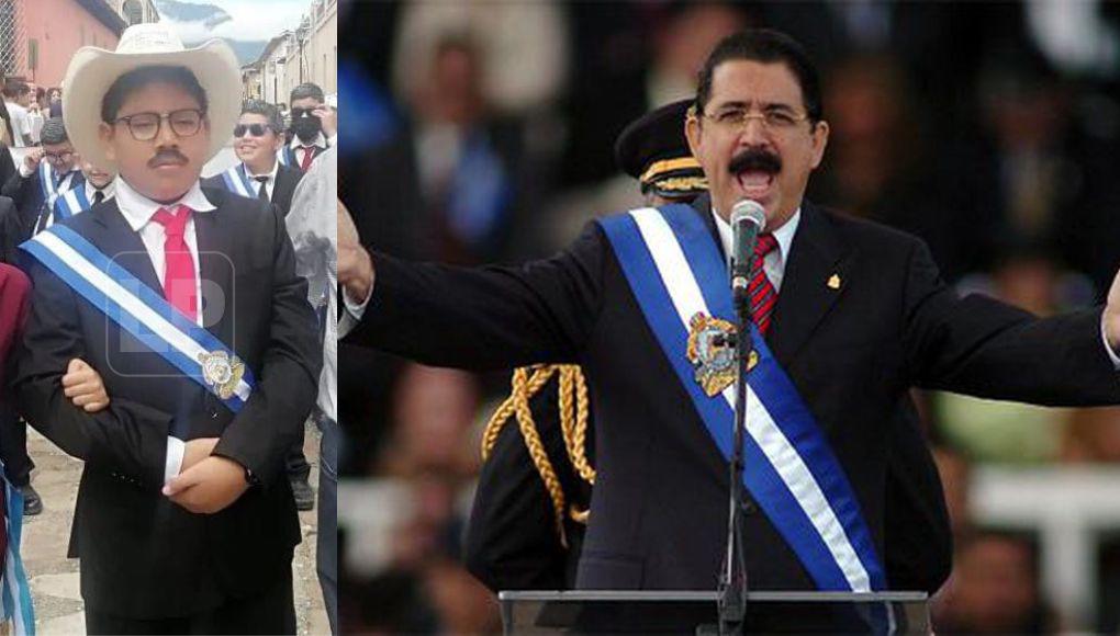 Ahora vamos con el pequeño “Mel”:El bigote característico del expresidente por supuesto que no podía faltar, los lentes allí están y el sombrero que prácticamente siempre usa también. La banda presidencial que lució el niño es azul profundo, pues, a diferencia de este 2022, de ese tono fue la que se le colocó a Manuel Zelaya en 2006.