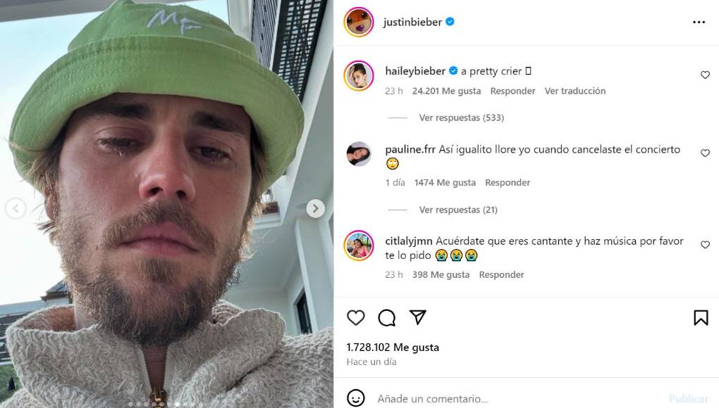 Asimismo, Hailey comentó las fotos de Justin diciendo que es “un bello llorón”.
