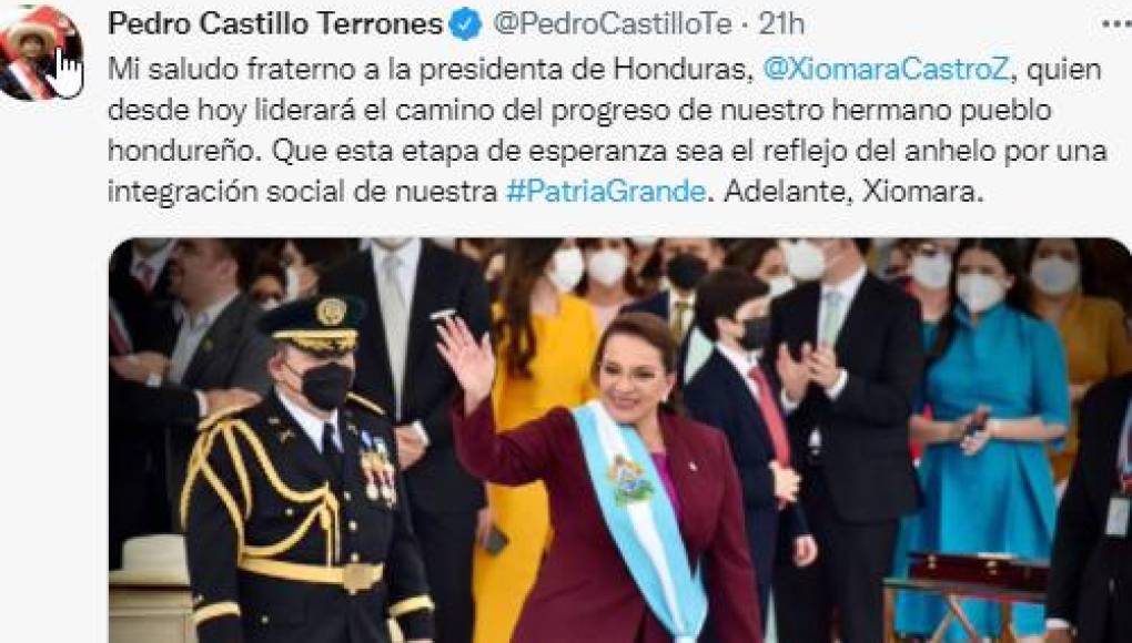 Pedro Castillo saluda llegada de Xiomara Castro a la Presidencia de Honduras