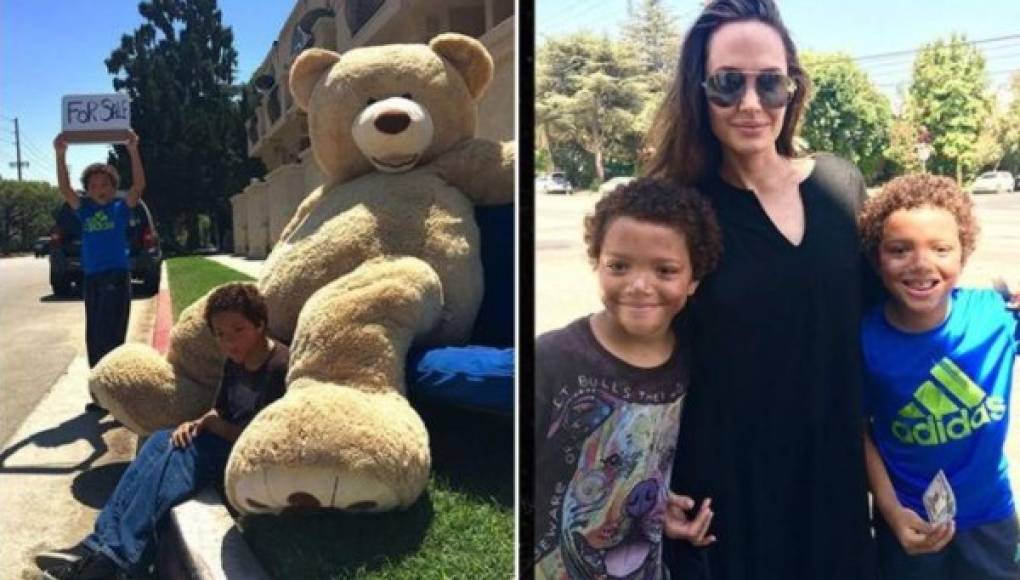 Angelina Jolie compra oso de peluche a dos niños en la calle