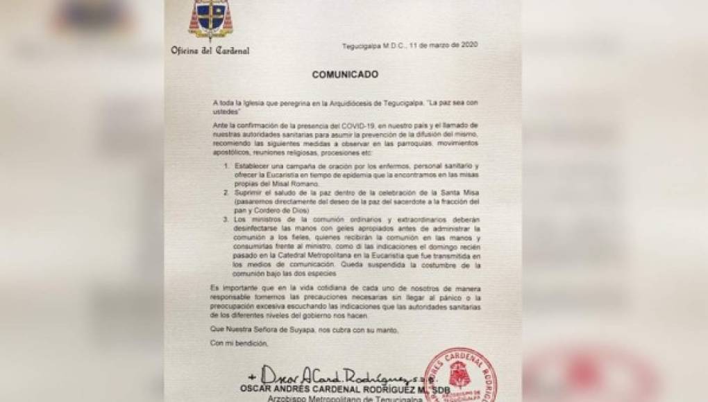 Cardenal Rodríguez pide suprimir saludo en misas tras confirmarse coronavirus en Honduras
